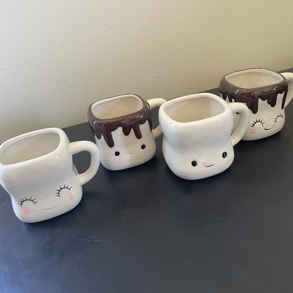 Set of 4 Marshmallow Mini Mugs Kawaii Cute Faces Hot Chocolate Kids Children Fun